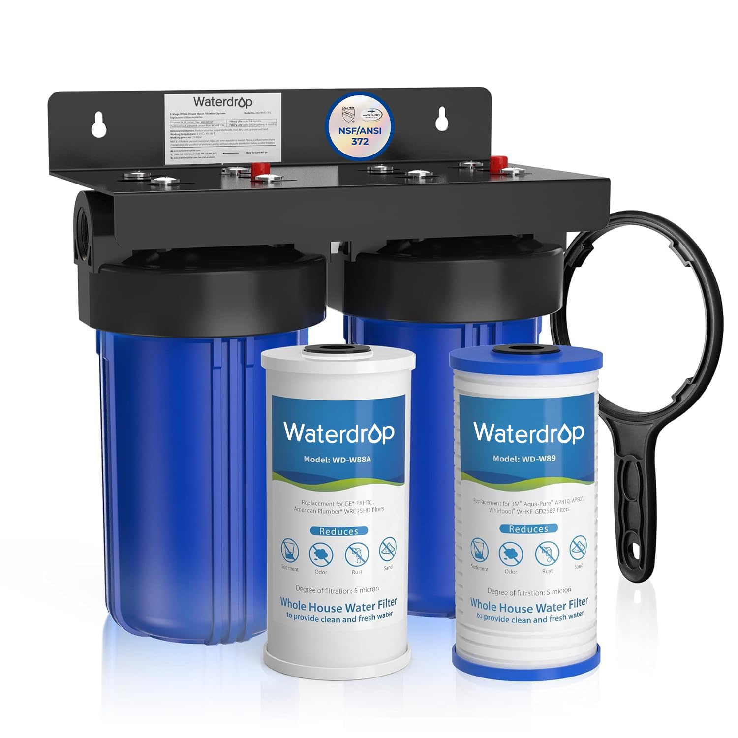 Waterdrop Whole House Water Filter System, with Carbon Filter and Sediment Filter, 5-Stage Filtration, Highly Reduce Lead, Chlorine, Odor and Taste, 2-Stage 5 Micron WD-WHF21-PG, 1" Inlet/Outlet