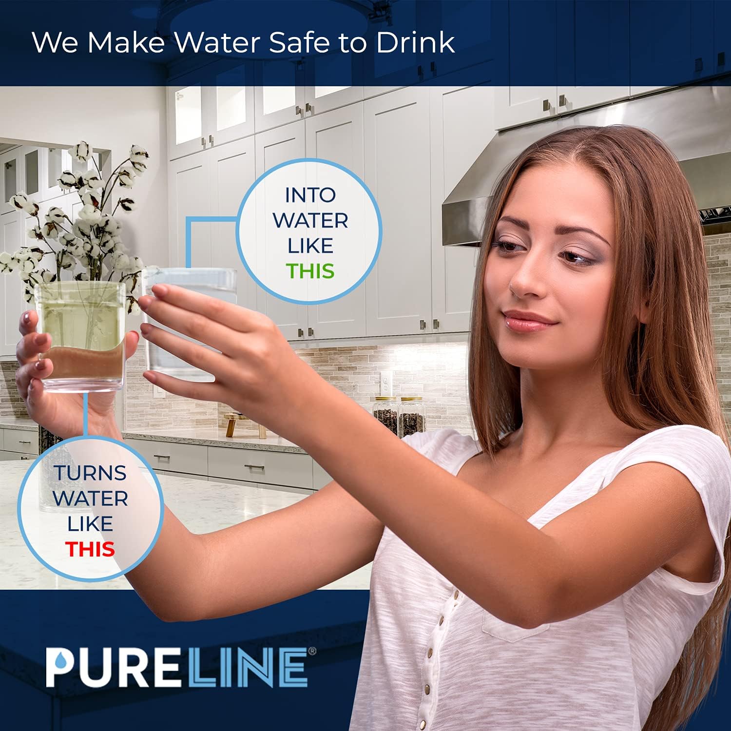 Water filter with clear clean water pouring from faucet