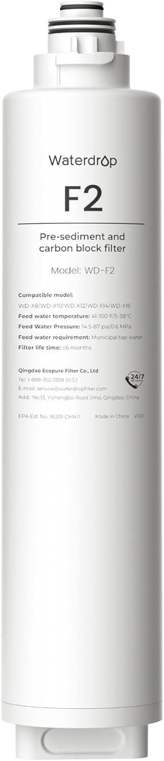 Waterdrop WD-F2 Filter, Replacement for WD-X8-Basic & WD-X8-Alkaline & WD-X12-Basic & WD-X12-Alkaline & WD-X16-Alkaline, 6-month Lifetime Review