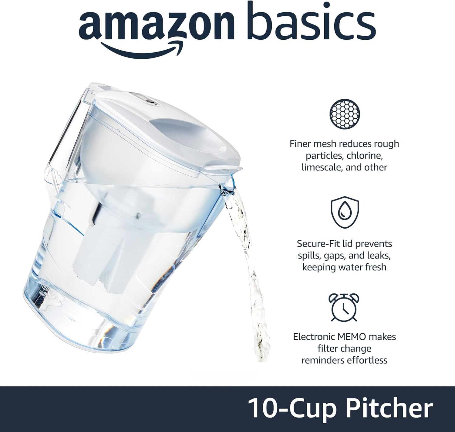 Amazon Basics 10-Cup Pitcher with Filter Compatible with Brita Water Filter | Clean, Crisp Water, water pitcher for fridge, 10-cup filter water dispenser, WQA and NSF Certified, Made in Europe — Overview