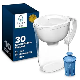 Brita Large 10-Cup Water Filter Pitcher, WQA NSF/ANSI Certified, Reduces 99% of Lead, Microplastics, & 30 Contaminants, BPA-Free, Removes Chlorine Taste & Odor, 1 Elite Filter, White