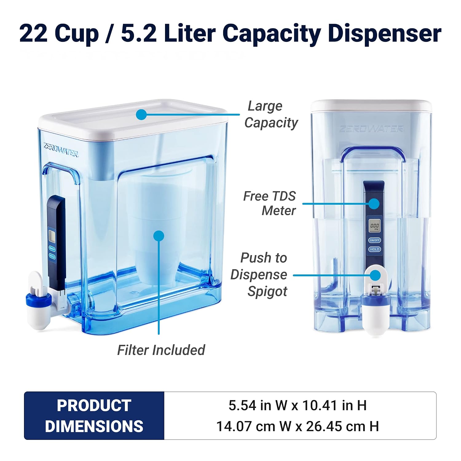 Culligan ZeroWater 22-Cup Ready-Read 5-Stage Water Filter Dispenser with 5-Stage 0 TDS Water Filter – IAPMO Certified to Reduce Lead, Chromium, and PFOA/PFOS | IAPMO certified: Lead, PFOA/PFOS, chromium, mercury; 5-stage Advanced Filtration; 0 TDS Water Filter Pitcher​ — Key Features