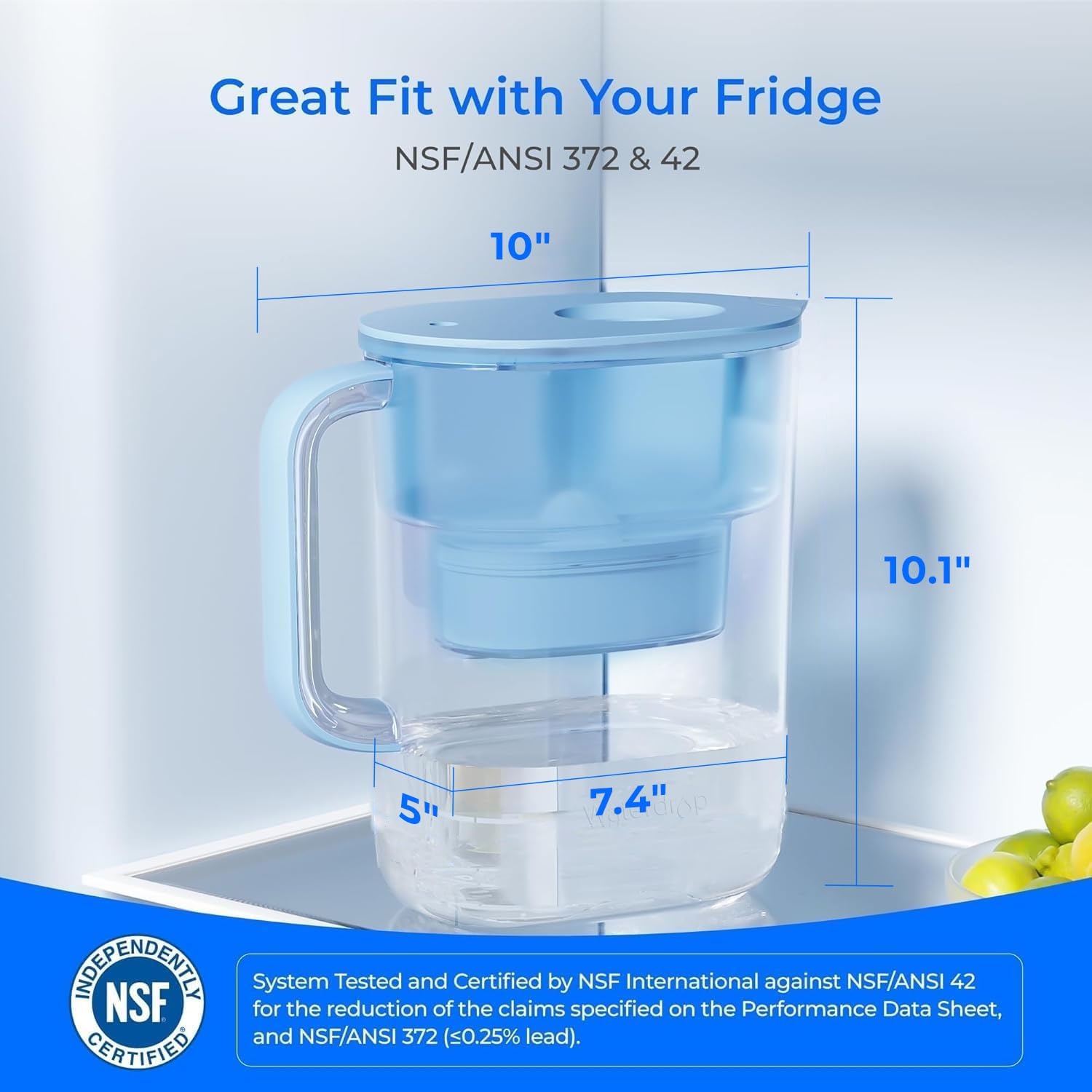 Waterdrop PT-07B Water Filter Pitcher, 10-Cup, NSF Certified, Blue | 200-Gallon Long-Life Filter, Improves Coffee & Tea Taste, Reduces PFOA/PFOS and Chlorine, 5X Longer Filter Life — Ease of Use and Maintenance