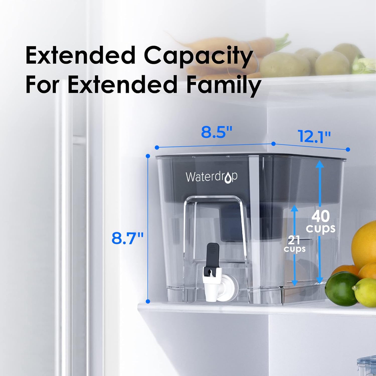 Waterdrop WFD-22L Large Water Filter Dispenser, 40-Cup Water Filter Pitcher, 200-Gallon Long-Life, Reduces Chlorine, PFOA/PFOS and More, BPA Free, Black — Key Features