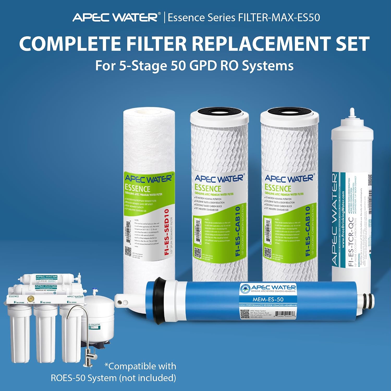 APEC Water FILTER-MAX-ES50 Reverse Osmosis Filter Replacement Set, 50 GPD | ROES-50 Replacement Filter Set, 1 Year Set, 5-Stage, Compatible with 5-Stage 50 GPD RO Systems — Overview